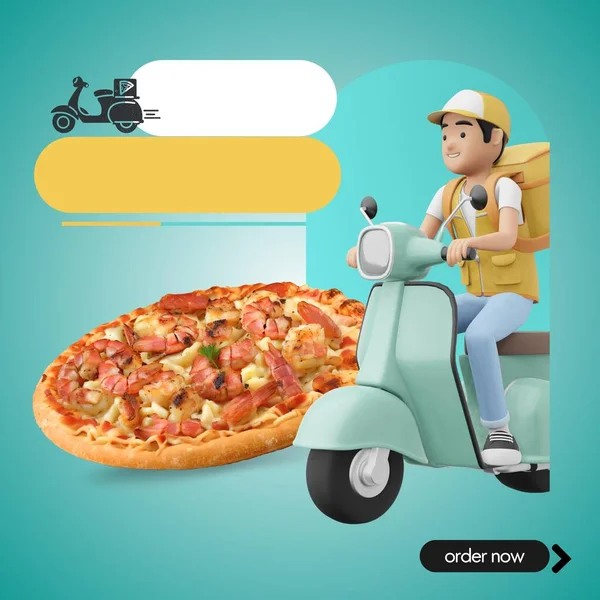 Pizza delivery service concept with delivery man on scooter delivering pizza vector illustration