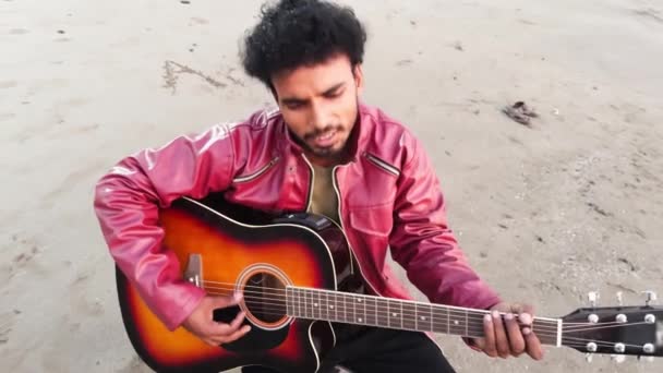 Young Man Playing Acoustic Guitar Sandy Beach — Stock Video