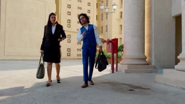 オフィスビルで歩いているハンドバッグを持つビジネスマン女性が働く — ストック動画
