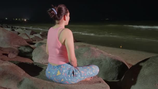 Serene Woman Practicing Yoga Sunset Rocky Terrain Meditating Lotus Pose — Stock Video