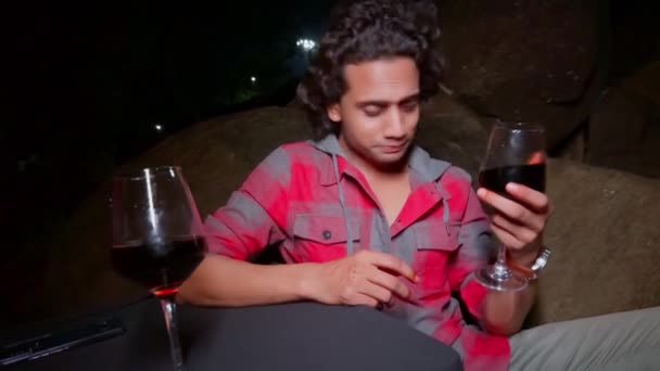 Smiling Man Enjoying Glass Red Wine Talking Glasses Night Joyful — Stock Video