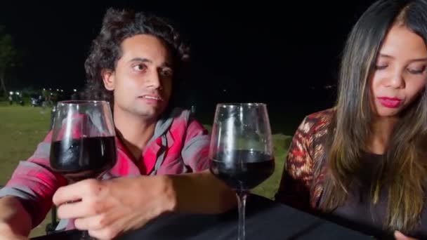 Arkadaş Deniz Kenarında Şarap Kadehleriyle Kamp Yaparak Eğleniyorlar — Stok video