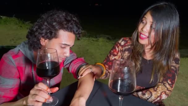 Dos Amigos Disfrutando Una Noche Acampando Con Copas Vino Junto — Vídeo de stock