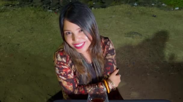 Smiling Woman Enjoying Glass Wine Night Singing Song — Stock Video