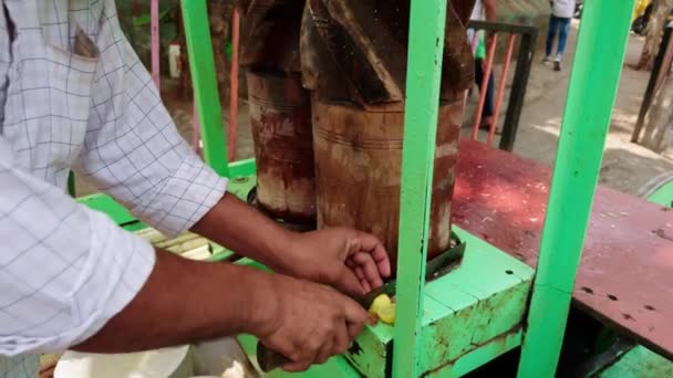 Extractor Tradicional Jugo Caña Azúcar Carrito Calle Con Tambores Madera — Vídeo de stock