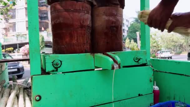 传统甘蔗榨汁机 用木桶和压碎的甘蔗制成的街头推车 亚洲的印地安人街头食物 — 图库视频影像