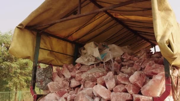 路上の田舎の設定でキャノピーの下にピンクの塩の岩の山を持つロシアのロードサイドトラック — ストック動画