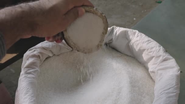 Fecho Uma Mão Pessoas Derramando Açúcar Saco Mostrando Textura Grãos — Vídeo de Stock