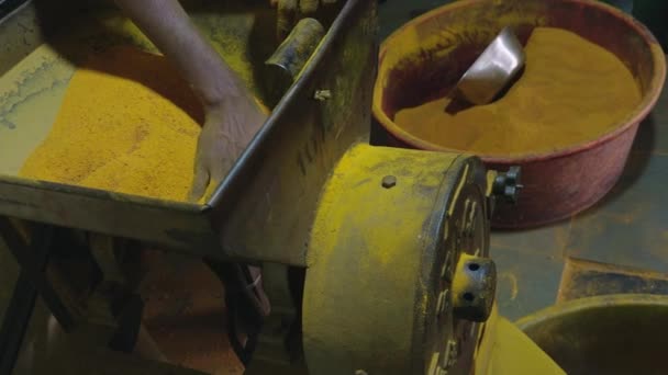 Trabajador Operando Maquinaria Para Moler Cúrcuma Procesamiento Polvo Amarillo Entorno — Vídeo de stock