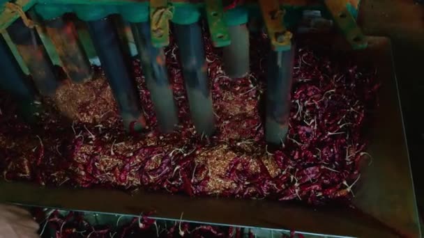 産業環境 アジア市場でチリの粉末を粉砕するための労働者の操作機械 — ストック動画