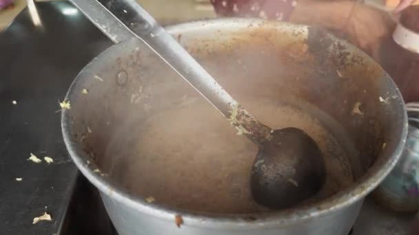 Closeup Street Food Vendor Making Tea Coffee Large Pot Ladle — Stock Video