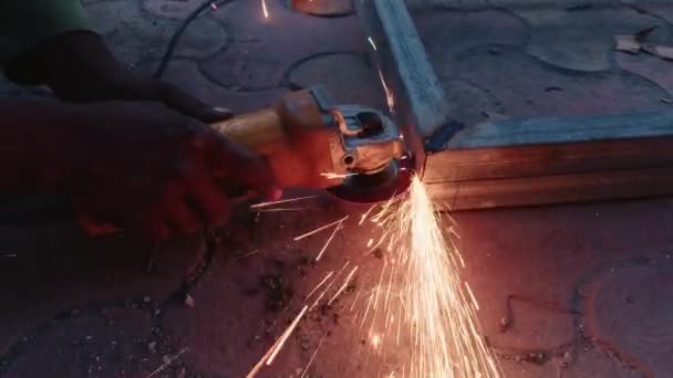 Close Worker Hand Using Angle Grinder Metal Sparks Flying Making — Stock Video