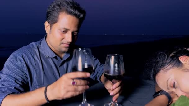 Drunk Man Burble Gabble Mumbling Woman Sleeps Dinner Table Wine — Stock Video