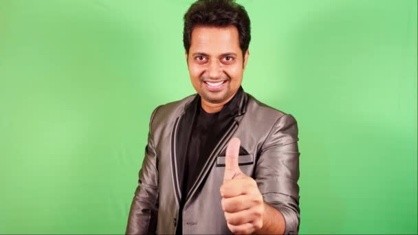 Smiling Young Confident Man Giving Thumbs Green Screen Background Ready — Stock Video