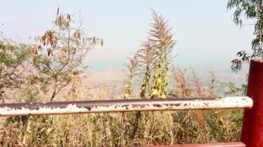 Ön planda yemyeşil yeşillikler var. Arka planda vadi ve tepelerin puslu panoramik manzarası var.