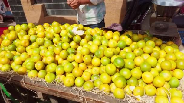 Persona Que Vende Naranjas Frescas Puesto Mercado Local Con Enfoque — Vídeos de Stock
