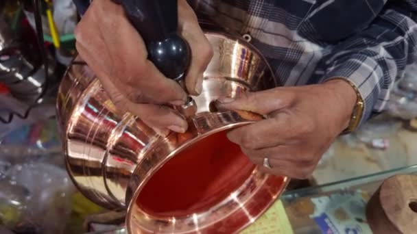 Vessel Seller Artisan Hands Crafting Name Traditional Copper Cookware Engraving — Stock Video