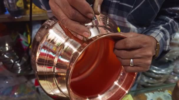 Vessel Seller Artisan Hands Crafting Name Traditional Copper Cookware Engraving — Stock Video