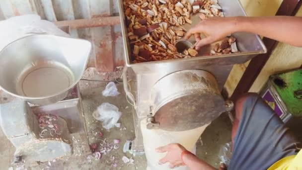 Person Grinding Dates Dry Fruit Coconut Traditional Mill Capturing Essence — Stock Video
