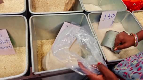 Person Filling Bulk Grains Plastic Bag Grocery Shop Woman Buying — Stock Video