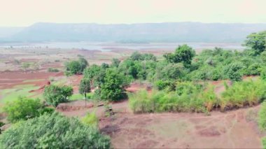 Nehir ve Yeşil Tarlalı Hava Manzarası, Uzaktaki Muhteşem Göl, Bereketli Yeşillik, Kızıl Toprak, Sarmal Dere, Doğal Bitki, Hindistan 'daki Arid Kanalı