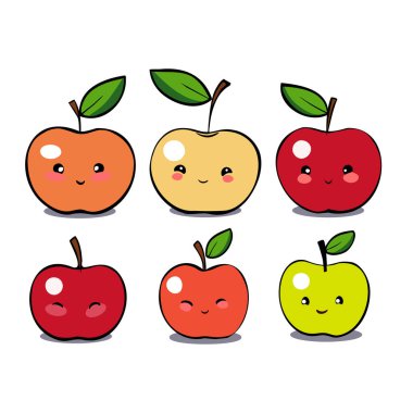 Farklı duygu ve ifadelere sahip bir dizi şirin çizgi film elması. Vektör illüstrasyonu