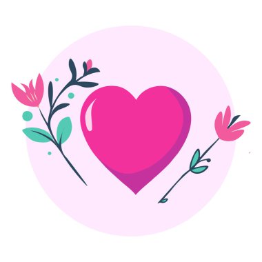 Beyaz arkaplanda izole edilmiş çiçek ve yapraklarla pembe kalbin vektör çizimi.