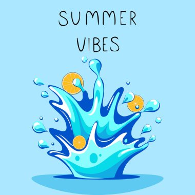 Turuncu ve limonlu su sıçraması. Mavi arkaplanda vektör illüstrasyonu.