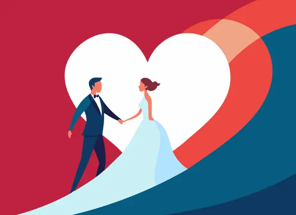 Romantisk Bryllup Par Illustrasjon Med Hjerte Bakgrunn – stockvektor