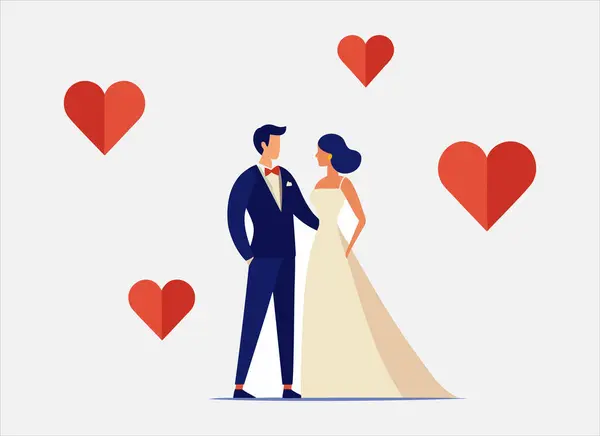 Romantisk Bryllup Par Illustrasjon Med Flytende Hjerter – stockvektor