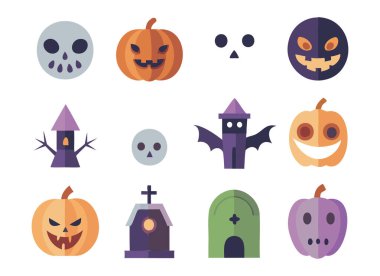 Renkli Cadılar Bayramı Simgeleri Seti - Kurukafalar, Balkabakları ve Perili Evler