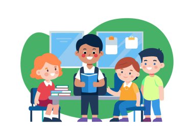 Sınıfta Birlikte Okuyan Mutlu Çocuklar - Eğitici Çizimler