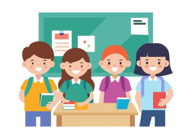 Sınıfın Vektör İllüstrasyonunda Mutlu Okul Çocukları