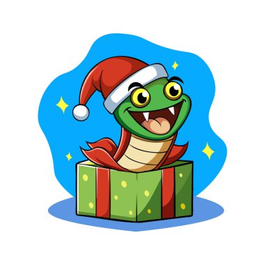 PrintFestive Cartoon Snake with Santa Hat in Christmas Gift Box clipart