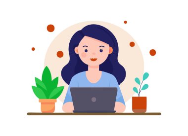 Evden Çalışan Çizgi Kadın: Neşeli Uzaktan Çalışma İllüstrasyonu