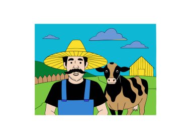 Cartoon Farmer and Cow: Colorful Rural Farm Scene Illustration clipart