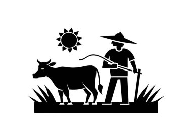 Çiftçi ve İnek Silueti: Güneşli Kırsal Tarım Simgesi