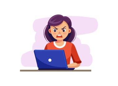 Sinirli Kadın Laptop 'ta Çalışıyor - Kızgın İfade Çizimi
