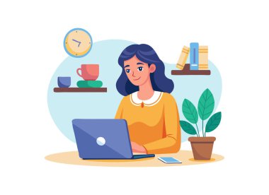 İç İşleri Resimlerinde Dizüstü bilgisayarda Çalışan Kadın - Üretim ve Uzaktan Çalışma Konsepti