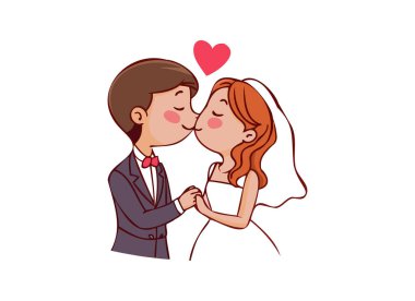 Aşk Yürekli Romantik Karikatür Evlilik Çifti Çizimi