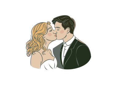 Romantik Düğün Çifti İllüstrasyonu: Gelin ve Damat Öpüşmesi