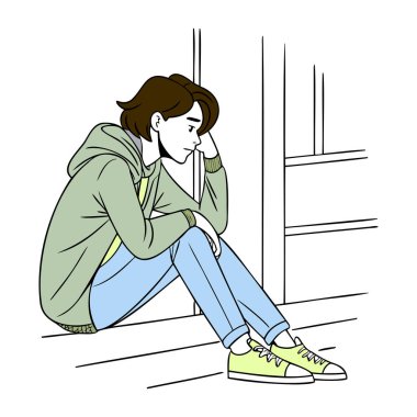  Sad Young Man in Hoodie Sitting Alone - Illustration clipart