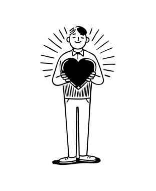 Black and White Illustration of Man Holding Heart Icon with Radiating Lines clipart