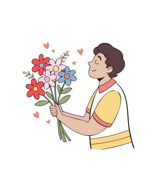 Çiçek Buketi Tutan Mutlu Bir Adamın Canlı Çizgi Filmi