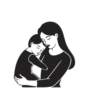 Anne ve Çocuk İllüzyonu kucaklıyor - Minimalist Siyah ve Beyaz Sanatı