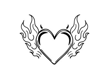  Yanan Kalp Vektörü İllüstrasyonu - Dövme Tasarımı ve Aşk Sembolü