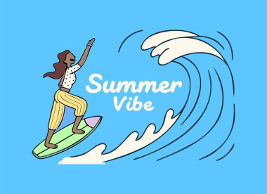 Sörfçü Kız Dalgaya Biniyor - Vector Summer Vibe Illustration