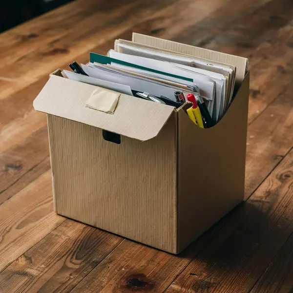 empty open cardboard box and documents on wooden table. business concept