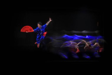 Jakarta Endonezya 'da Çin Kung Fu Sanatı. Hareketlerin etkisini artırmak için birkaç ışık altında ateş edilmiş. Tarih 27 Mayıs 2012