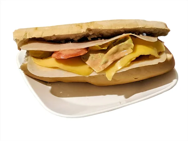 Сэндвич Ветчиной Сыром Помидорами Соусом Тарелке Изолированный Белом Фоне — стоковое фото